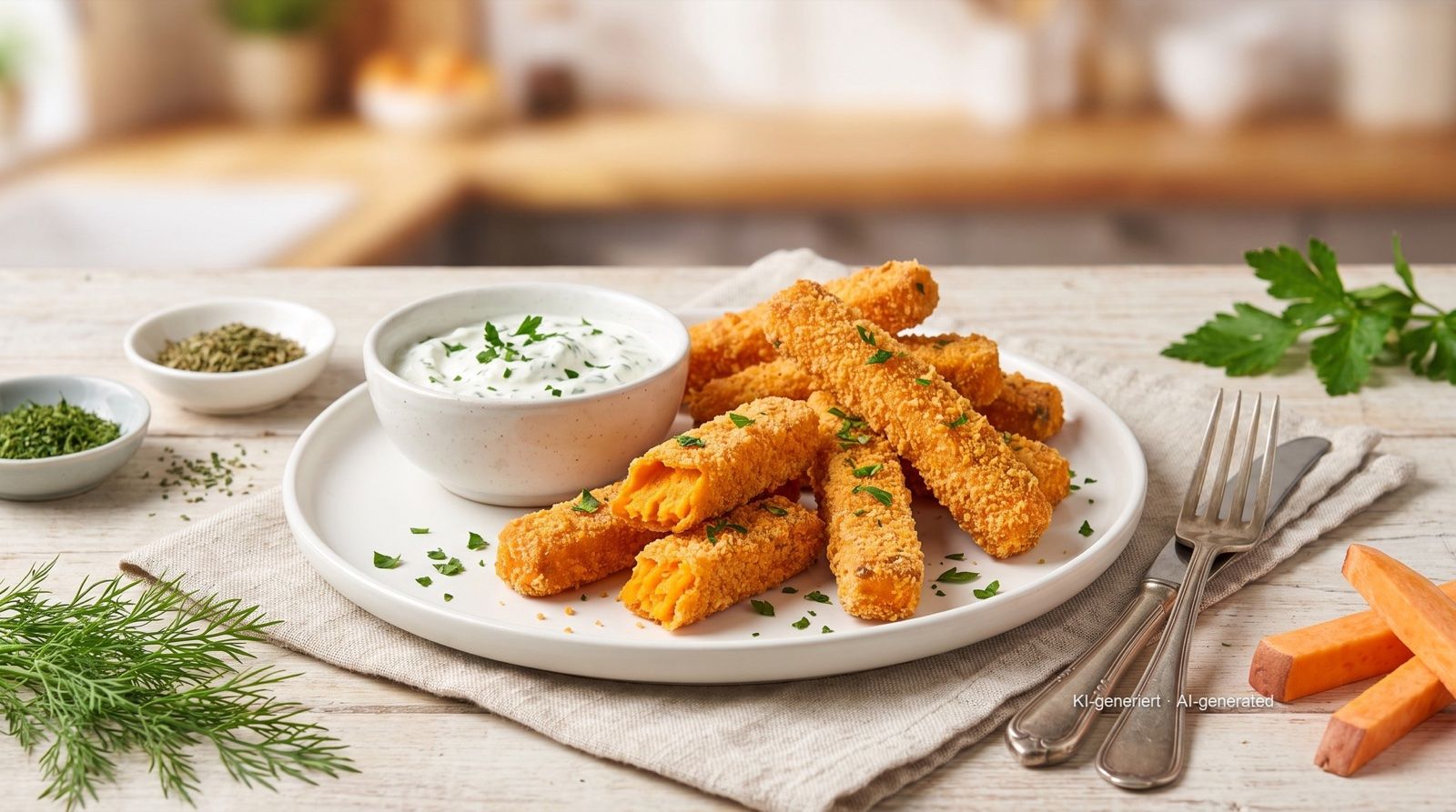 Süßkartoffel-Sticks paniert aus der Heißluftfritteuse