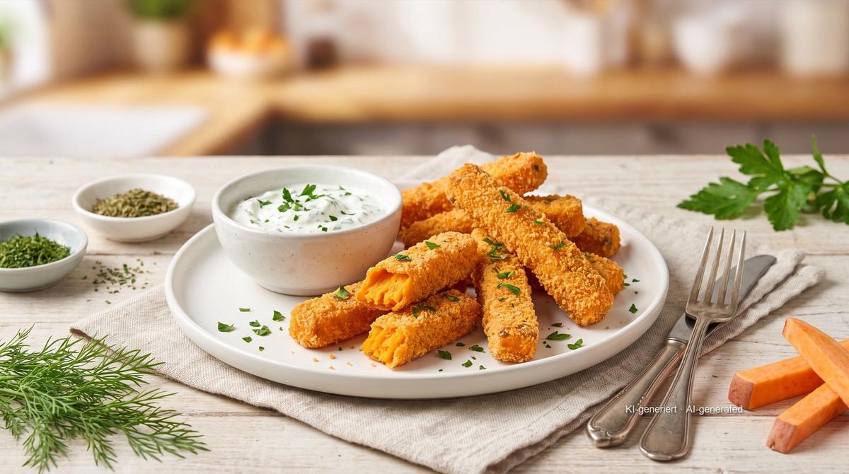 Süßkartoffel-Sticks paniert aus der Heißluftfritteuse – Rezept und Bild mit KI erstellt, redaktionell geprüft