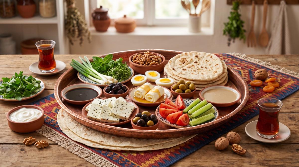 Taştê — das kurdische Frühstück mit Kräuterkäse, Qeymax, Honig, Oliven und Tee – Rezept und Bild mit KI erstellt, redaktionell geprüft