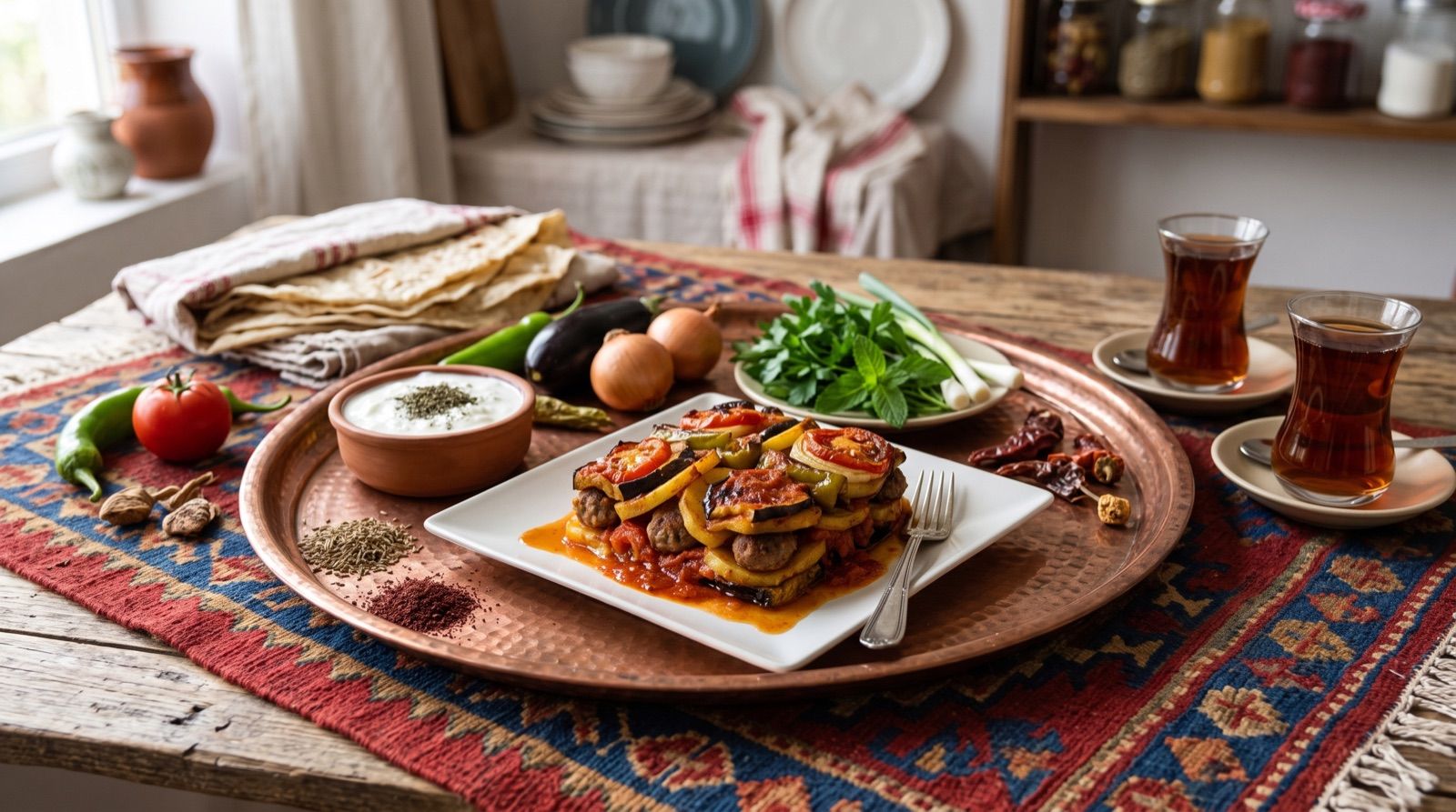 Tepsî — Auberginen, Paprika und Kartoffeln mit Hackbällchen aus dem Ofen