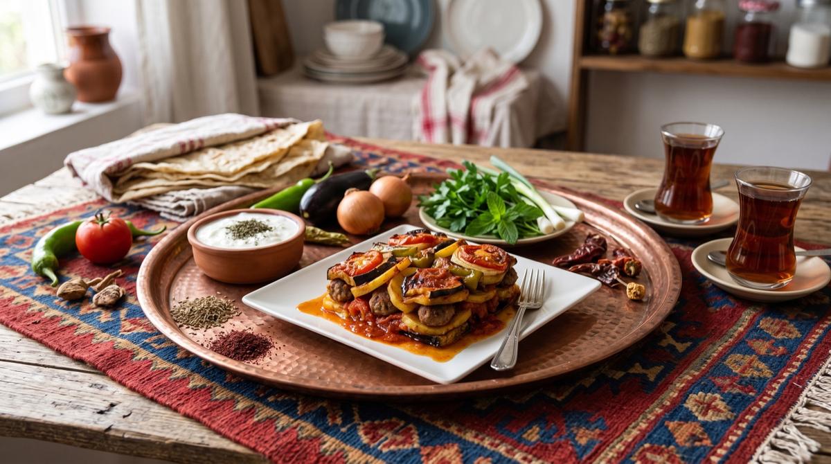 Tepsî — Auberginen, Paprika und Kartoffeln mit Hackbällchen aus dem Ofen – Rezept und Bild mit KI erstellt, redaktionell geprüft