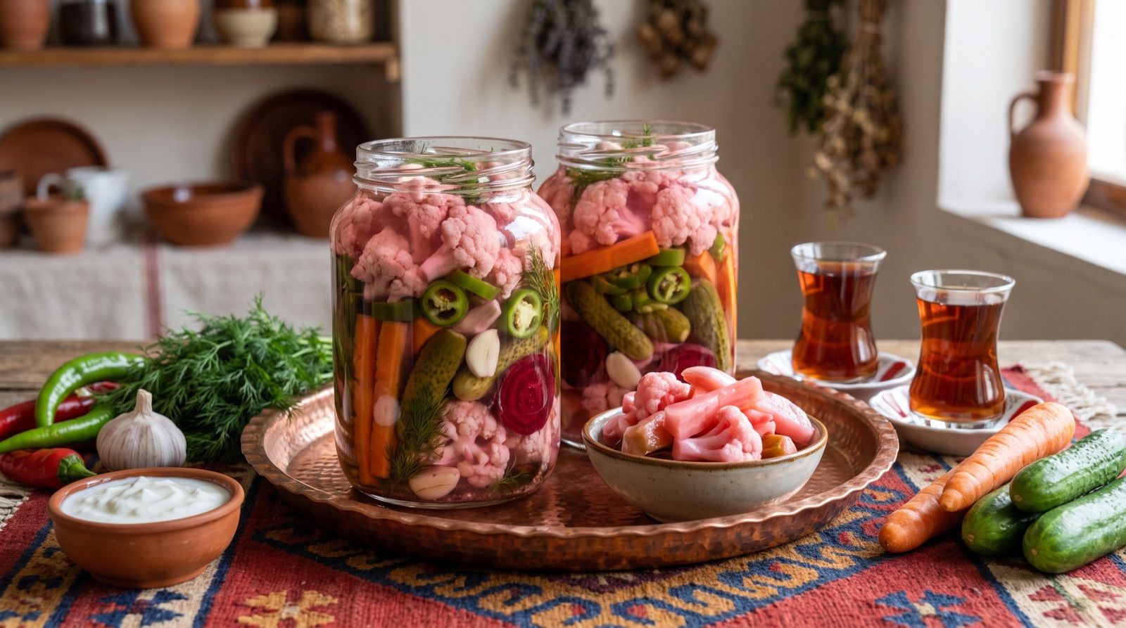 Tirşî — gemischtes Eingelegtes mit Blumenkohl, Karotte, Gurke und Paprika