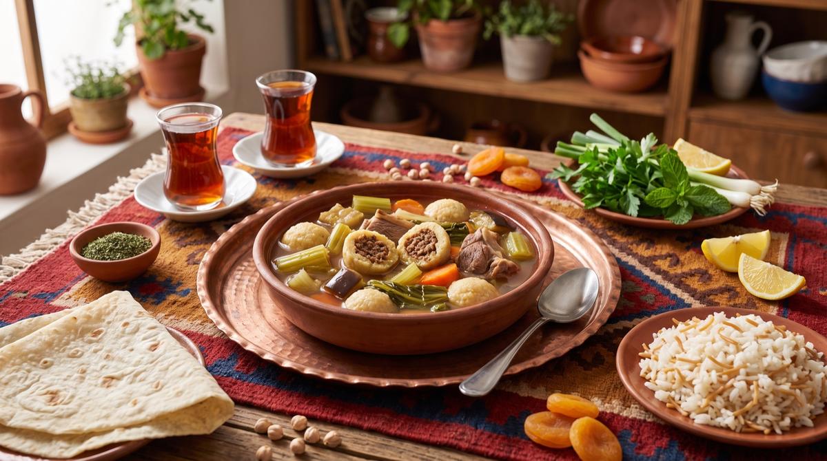 Tirşik nach Duhoker Art — Bulgurklöße in saurer Brühe mit Sellerie und Mangold – Rezept und Bild mit KI erstellt, redaktionell geprüft