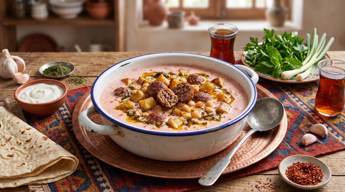 Tirşika Amedê — saurer Auberginen-Eintopf mit Hack, Kichererbsen und Joghurt – Rezept und Bild mit KI erstellt, redaktionell geprüft