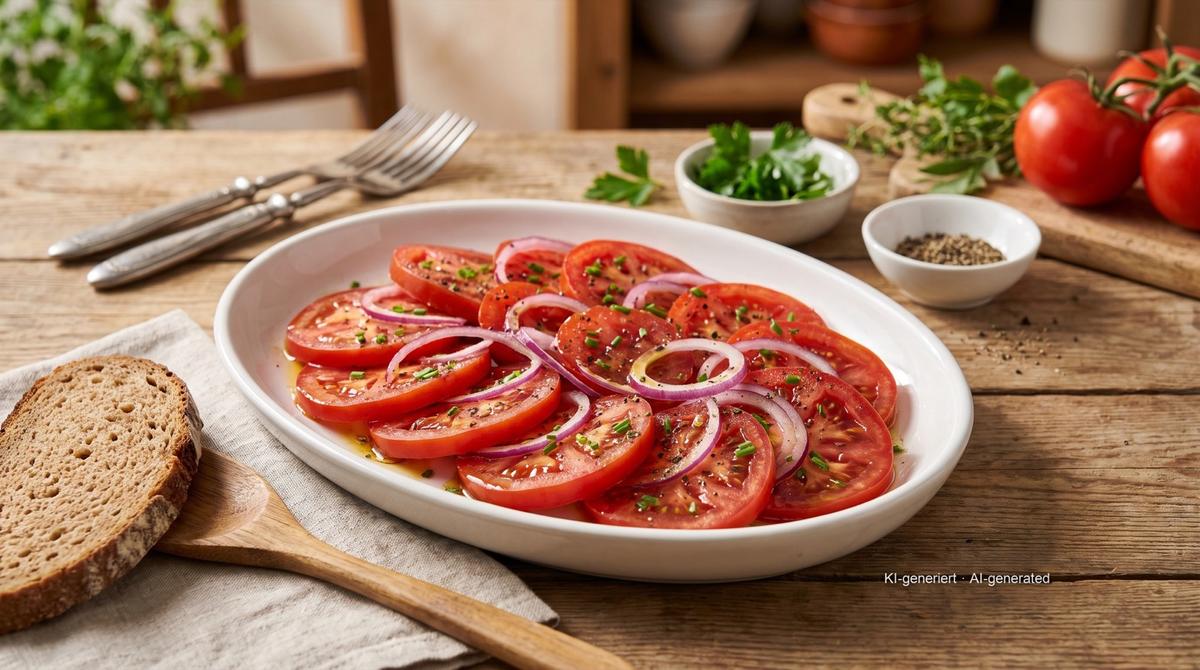 Tomatensalade met ui – Recept en afbeelding gemaakt met AI, redactioneel gecontroleerd