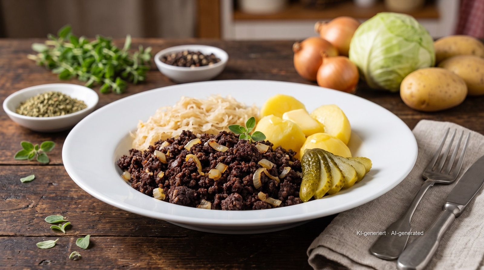 Tote Oma – Grützwurst (blood sausage with groats) with sauerkraut