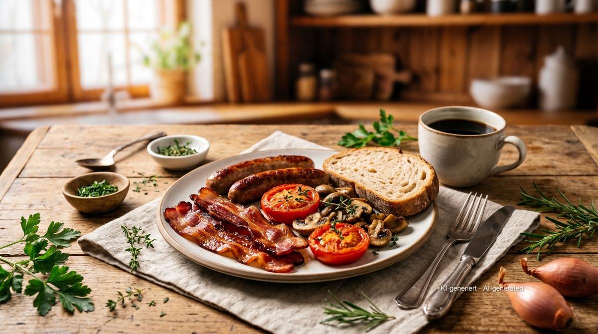 Warmer Frühstücksteller aus der Heißluftfritteuse – Rezept und Bild mit KI erstellt, redaktionell geprüft