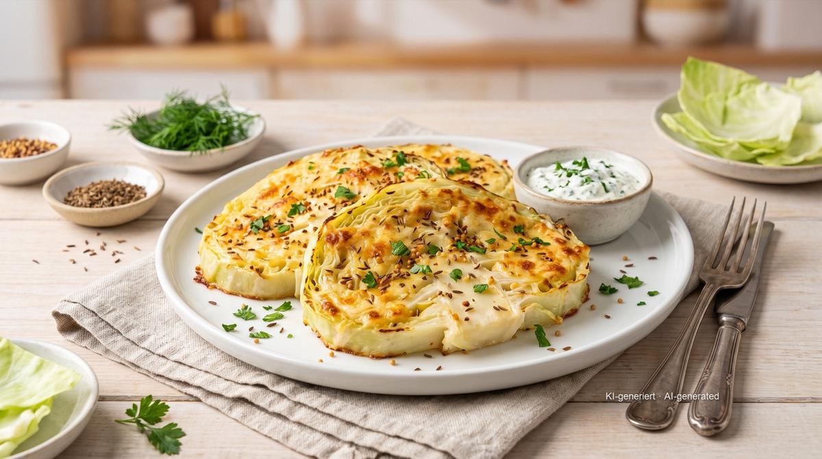 Weißkohl-Steaks mit Käsekruste aus der Heißluftfritteuse – Rezept und Bild mit KI erstellt, redaktionell geprüft