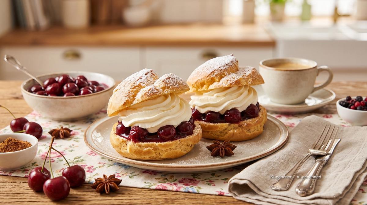 Windbeutel mit Sahne und Kirschen – Rezept und Bild mit KI erstellt, redaktionell geprüft