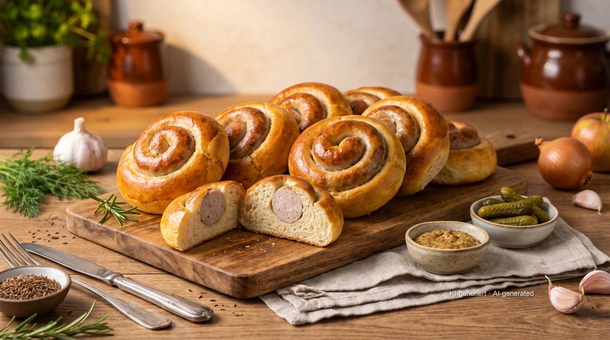 Wurstbrötchen aus Hefeteig aus der Heißluftfritteuse – Rezept und Bild mit KI erstellt, redaktionell geprüft