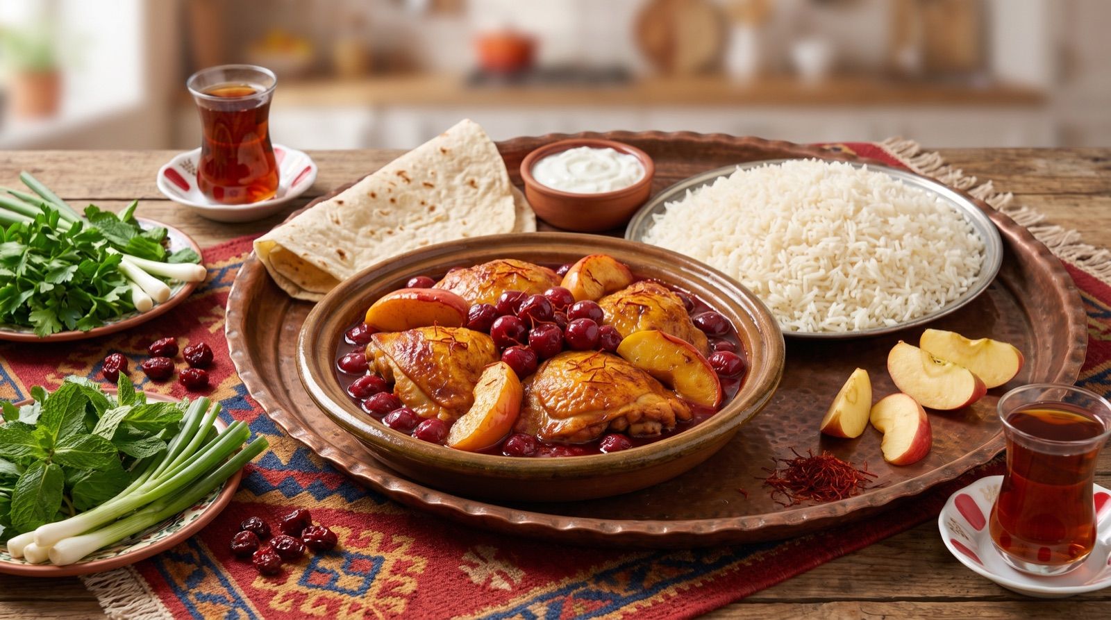 Xoreşî sêw û albalû — Hähnchen mit Sauerkirschen und Äpfeln