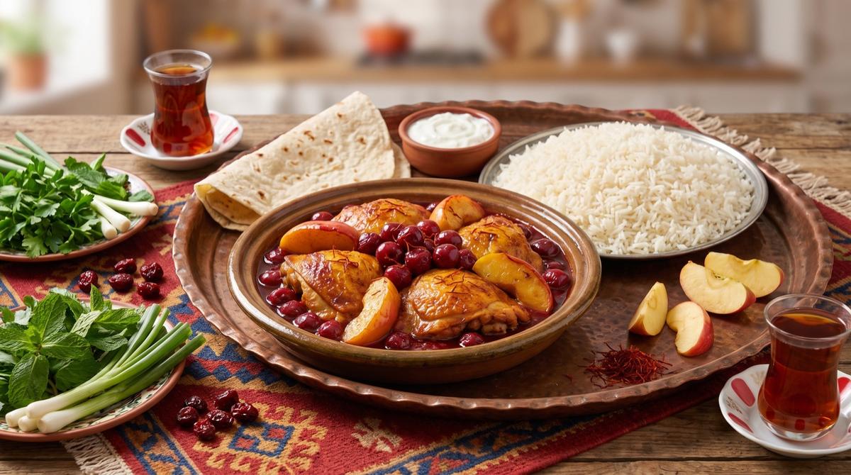 Xoreşî sêw û albalû — Hähnchen mit Sauerkirschen und Äpfeln – Rezept und Bild mit KI erstellt, redaktionell geprüft