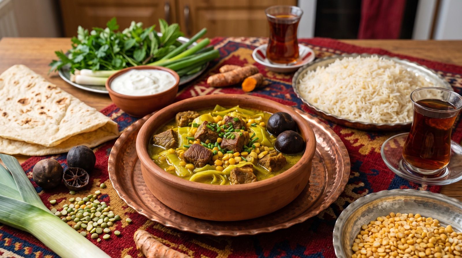 Xoreşî terê — Lauch-Lamm-Eintopf mit Spalterbsen