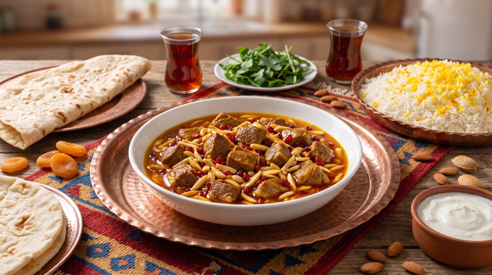 Xoreşî xelal — Festtagseintopf mit Mandelstiften, Berberitzen und Safran