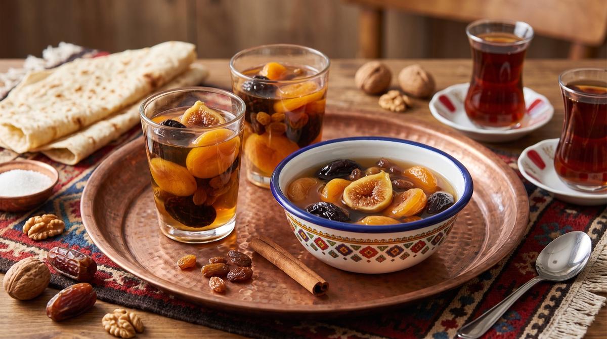 Xoşav — Kompott aus getrockneten Aprikosen, Pflaumen und Rosinen – Rezept und Bild mit KI erstellt, redaktionell geprüft