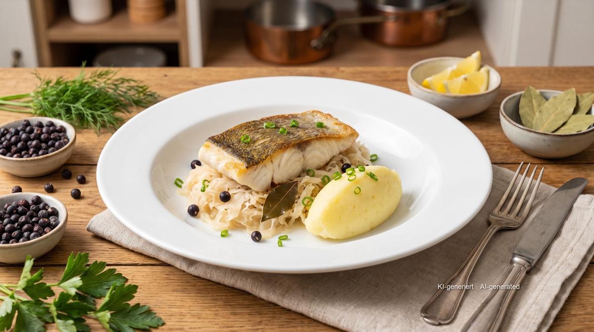 Zander auf Rahmsauerkraut – Rezept und Bild mit KI erstellt, redaktionell geprüft
