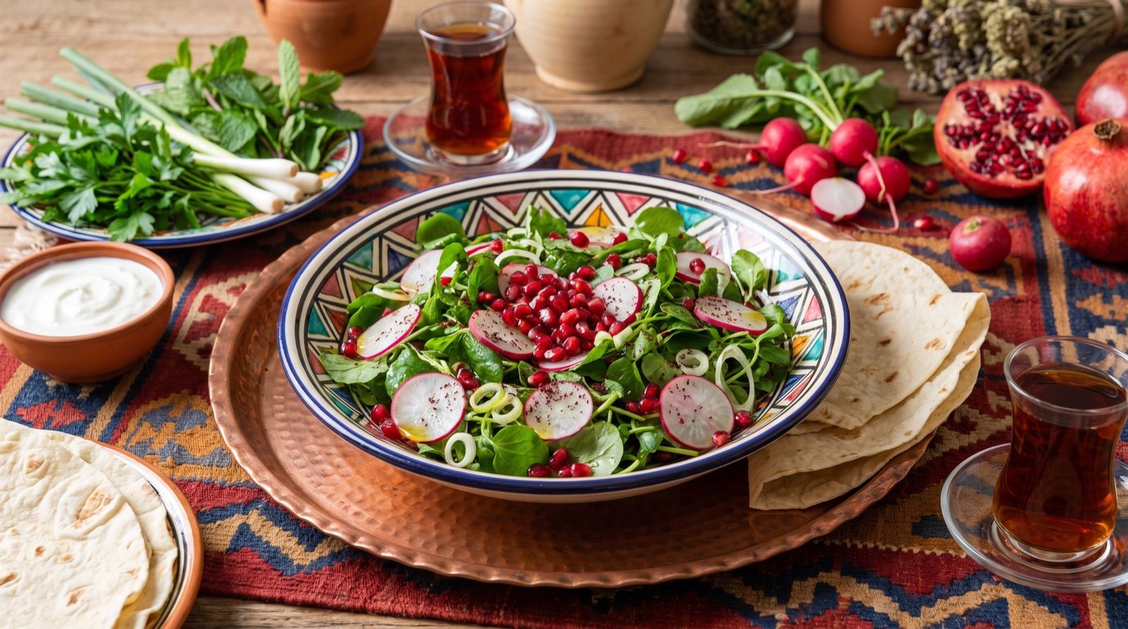 Zelateya kuzele — Brunnenkresse-Salat mit Radieschen und Granatapfel