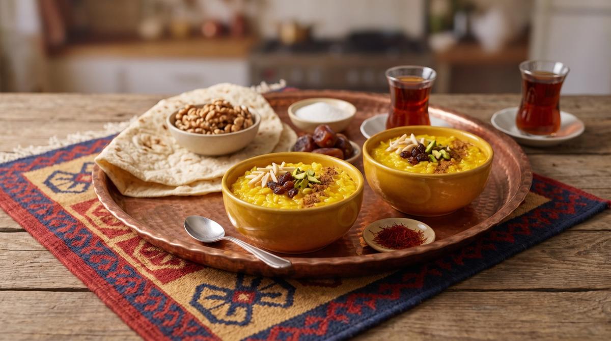 Zerde — Safran-Reispudding mit Rosinen und Mandeln – Rezept und Bild mit KI erstellt, redaktionell geprüft