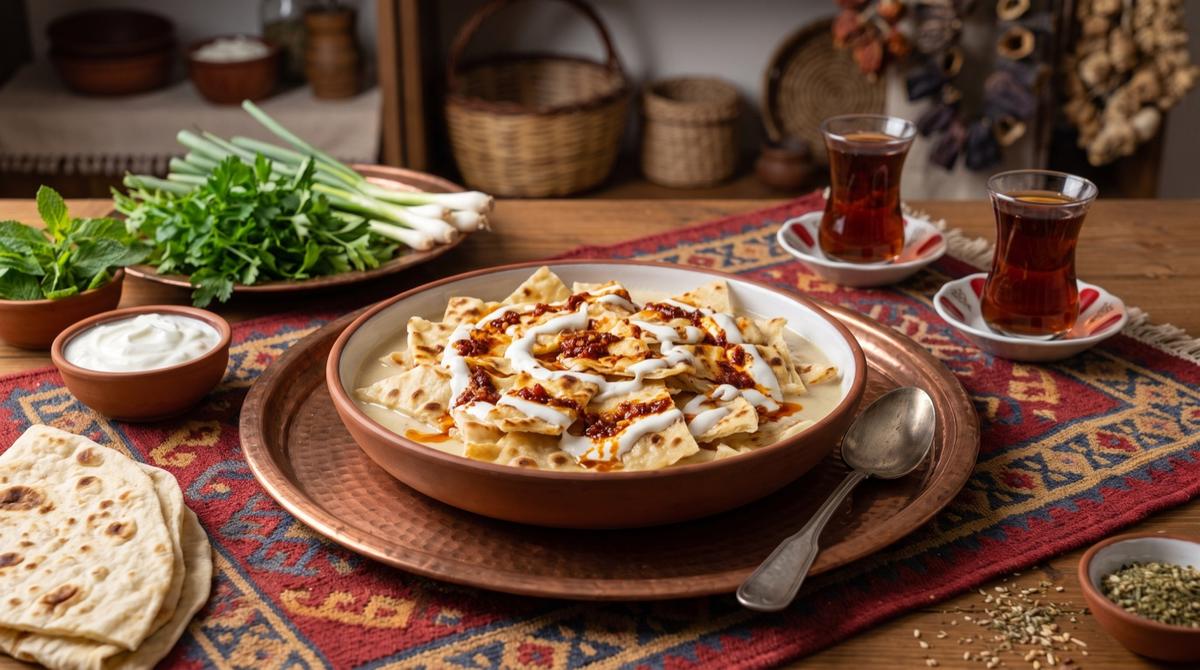 Zerefet — gebrochener Teig mit Kurût und Knoblauchjoghurt – Rezept und Bild mit KI erstellt, redaktionell geprüft