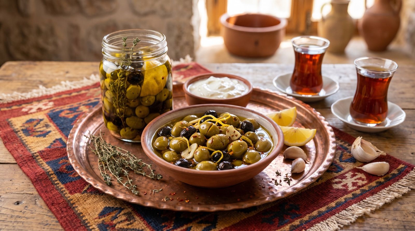 Zeytûnên bi catirî — Oliven mit Thymian in Olivenöl