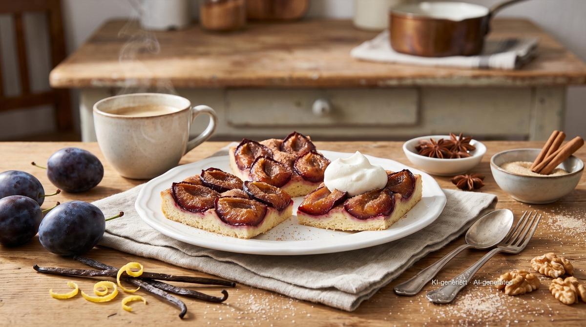 Zwetschgenkuchen in kleiner Form aus der Heißluftfritteuse – Rezept und Bild mit KI erstellt, redaktionell geprüft