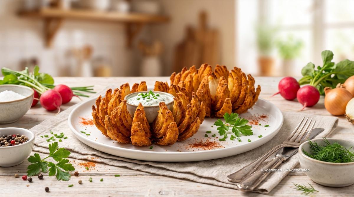 Zwiebelblüte aus der Heißluftfritteuse – Rezept und Bild mit KI erstellt, redaktionell geprüft