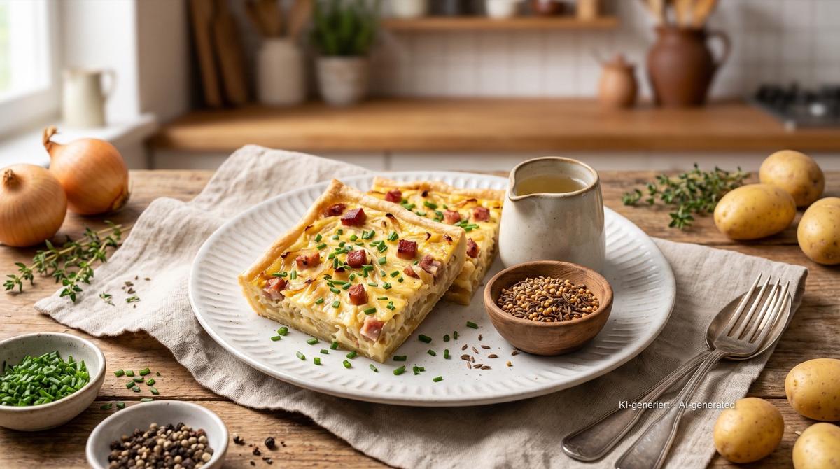 Zwiebelkuchen in kleiner Form aus der Heißluftfritteuse – Rezept und Bild mit KI erstellt, redaktionell geprüft